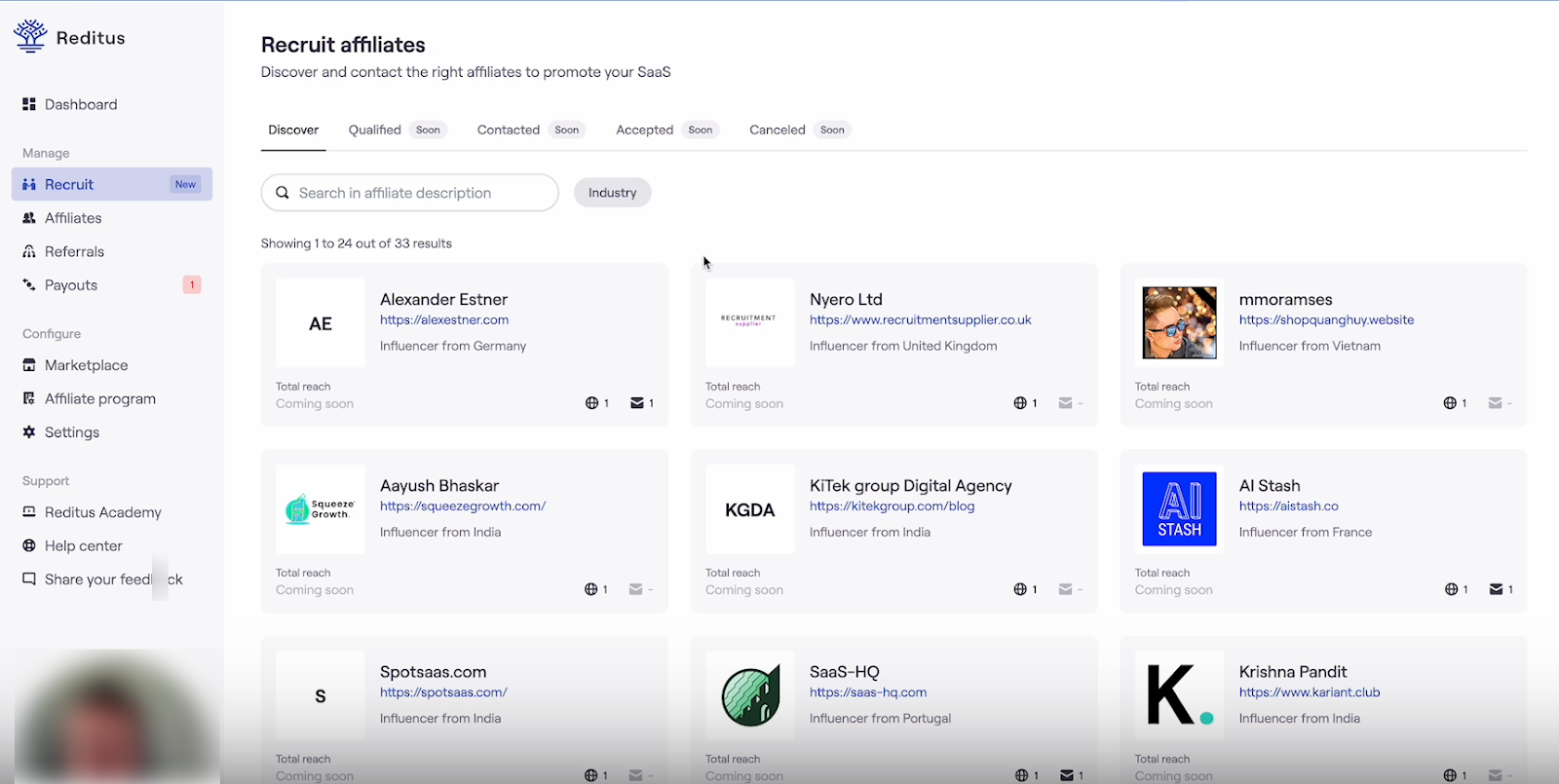 Screenshot of Recruit feature interface from the Reditus Marketplace.