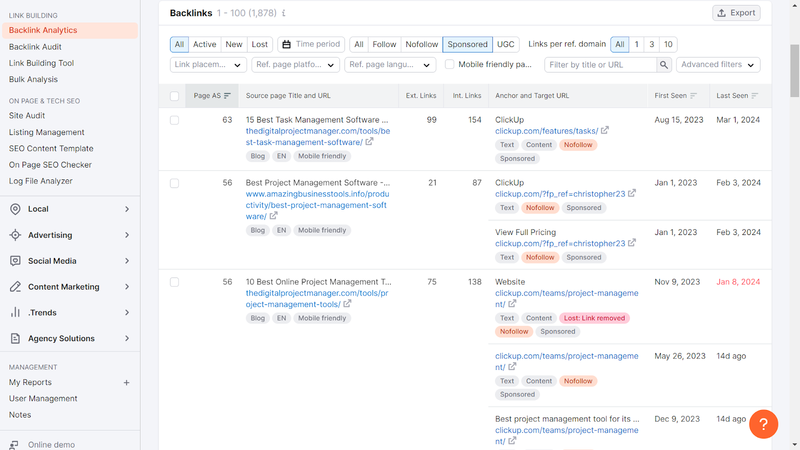 Identifying sponsored backlinks using Semrush.