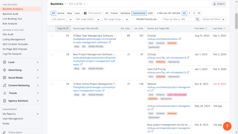Identifying sponsored backlinks using Semrush.