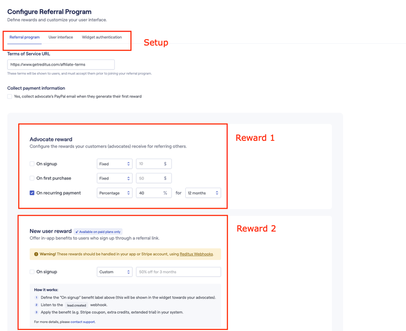 Reditus referral program settings page where rewards and program details are configured