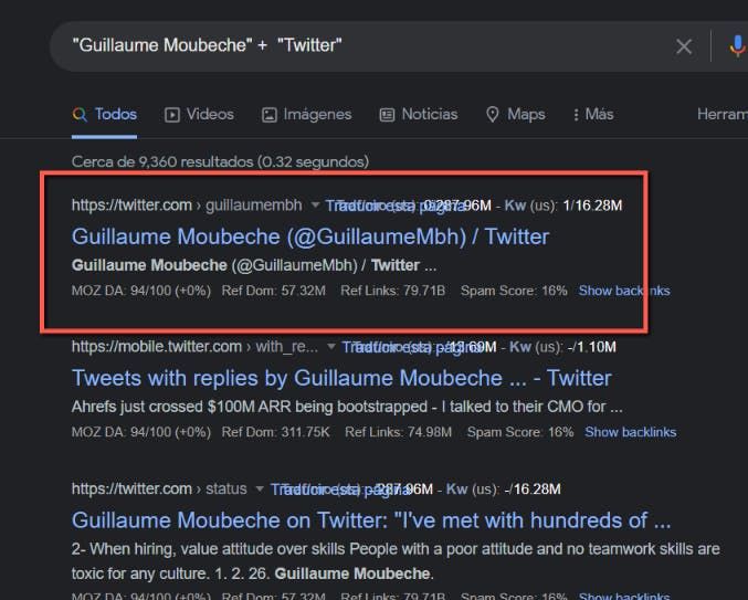 finding a twitter profile using google search, screenshot on how to do this.