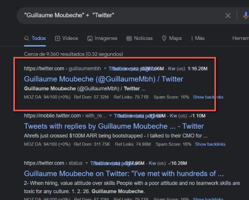 finding a twitter profile using google search, screenshot on how to do this. 