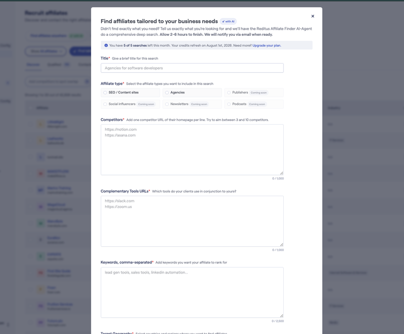 Reditus AI affiliate discovery: describe your business, competitors and keywords and the AI agent finds matching affiliates
