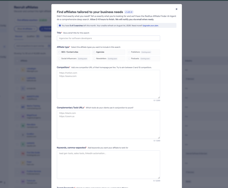 Reditus AI affiliate discovery: describe your business, competitors and keywords and the AI agent finds matching affiliates