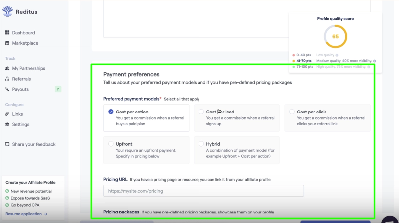 Sampe screenshot of payment preferences information in an affiliate profile on Reditus.
