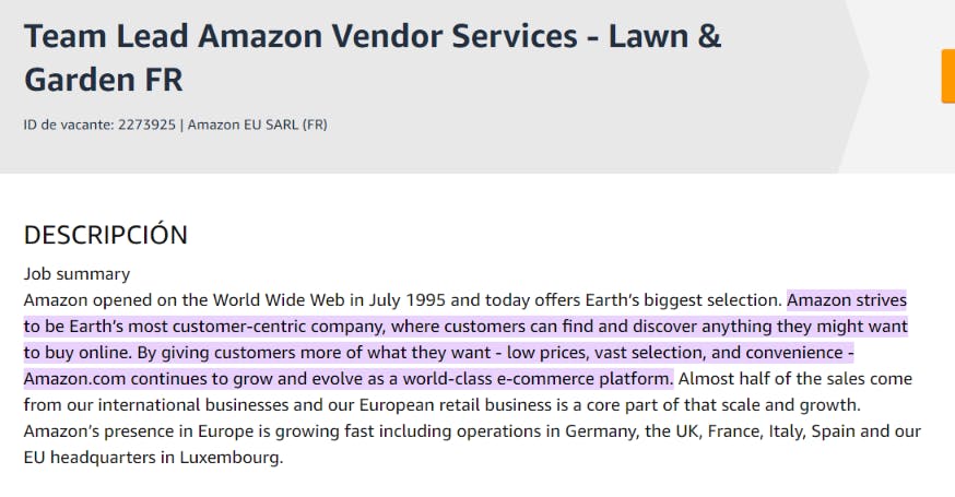 screenshot of a amazon job description, highlighting the amazon vision.