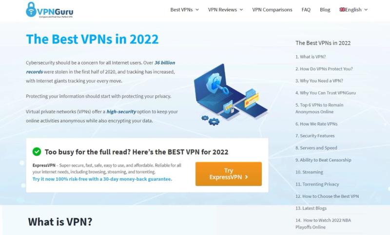 screenshot of the site of vpn guru