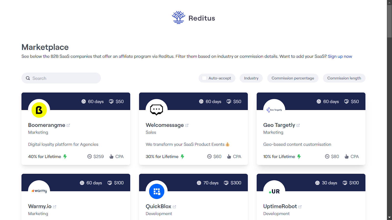 A screenshot from the Reditus Marketplace landing page.