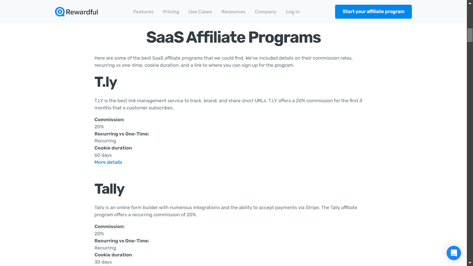 Screenshot from Rewardful website.
