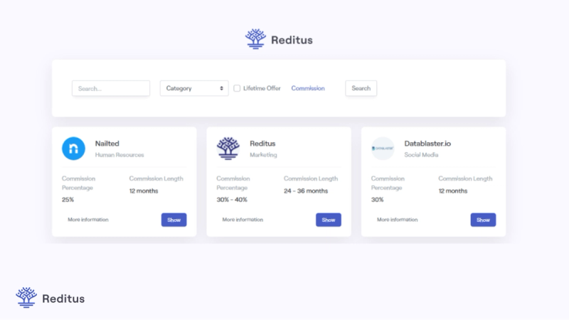 Screenshot of Reditus Affiliate Program Marketplace
