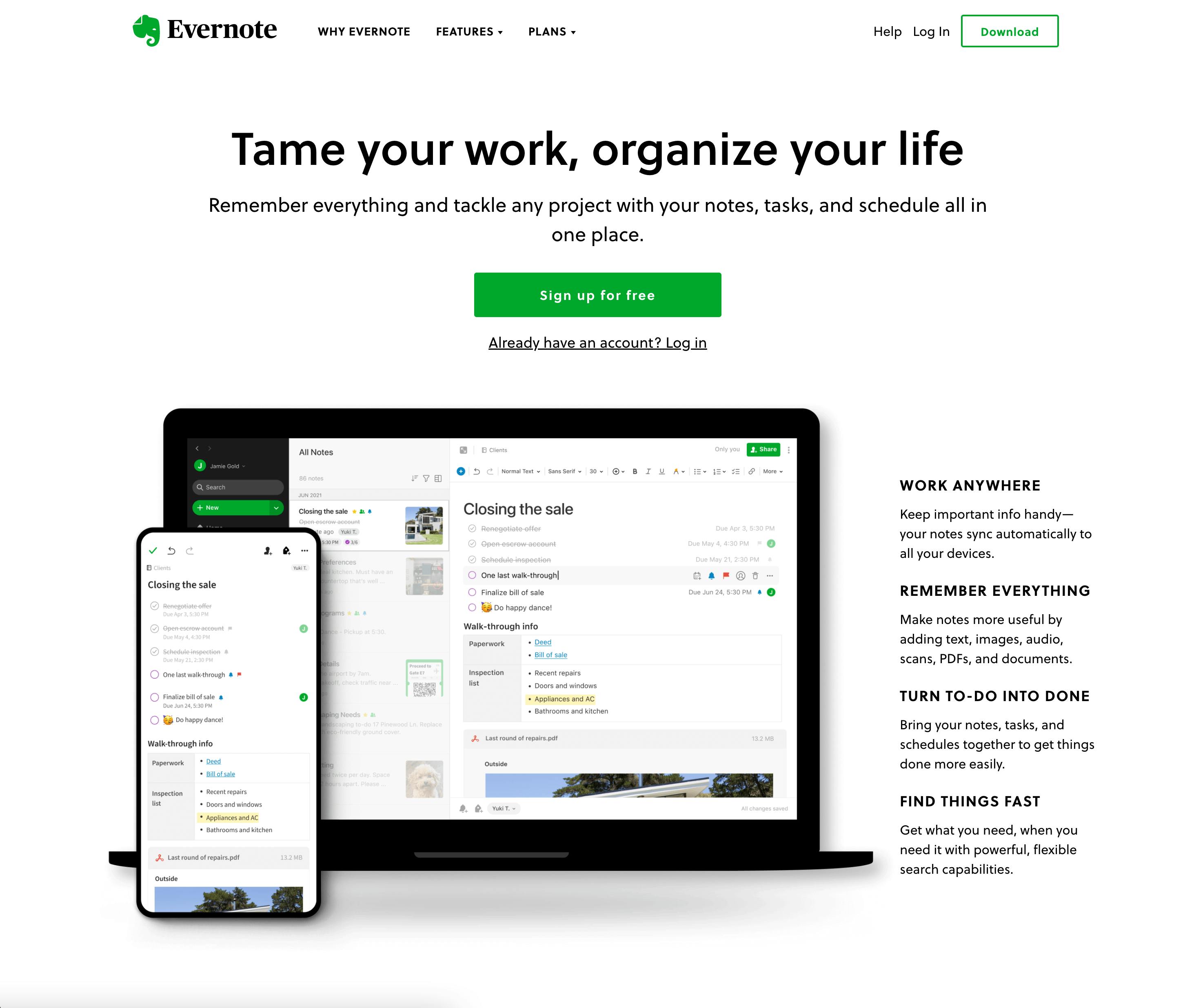 screenshot of a great SaaS website, evernote example