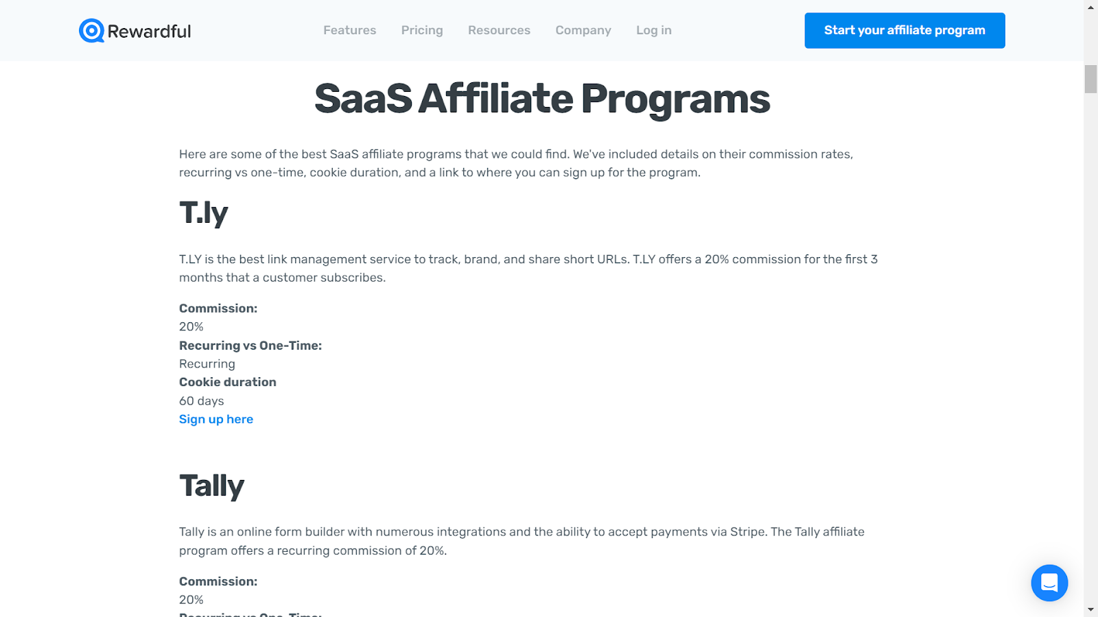 Screenshot from Rewardful website.