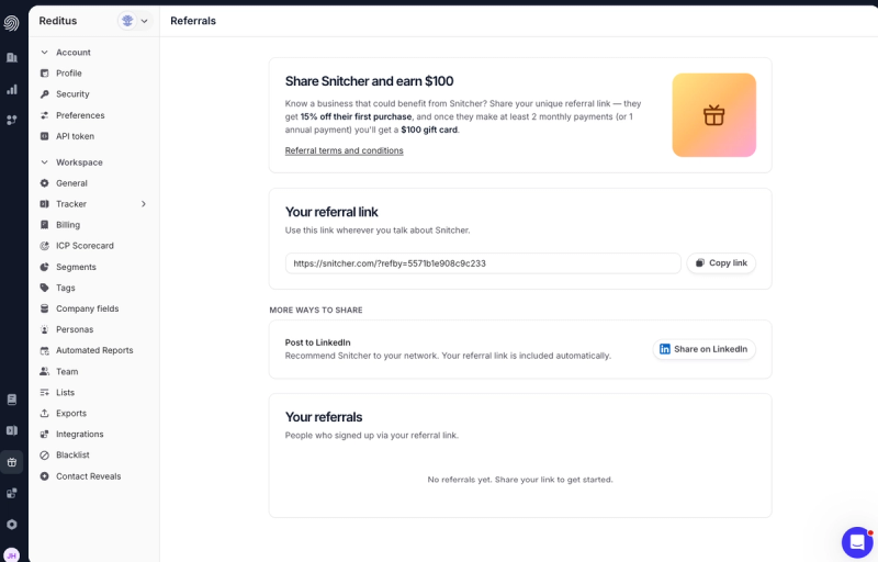 Snitcher referral page built fully custom on the Reditus API, matching their own design system
