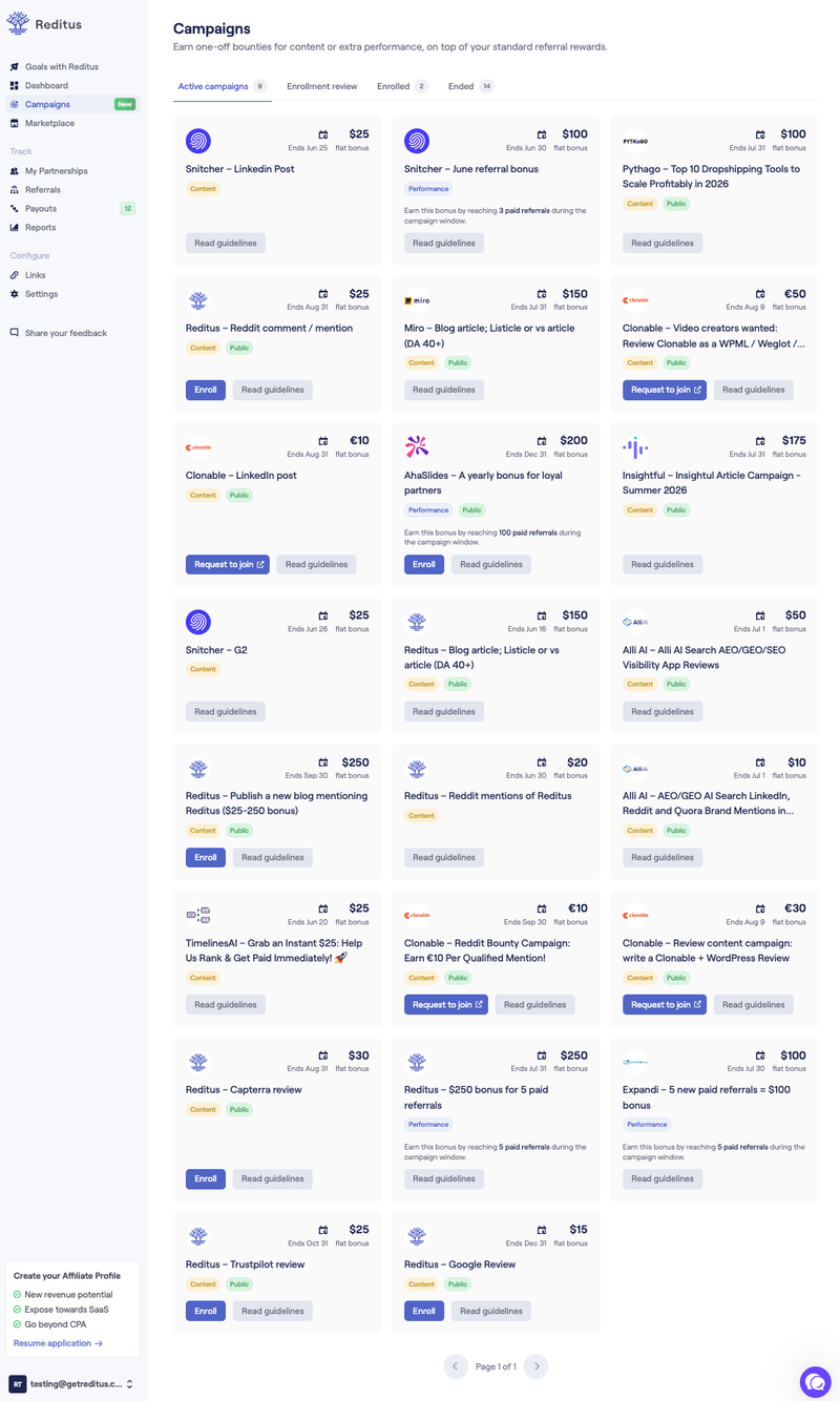 The affiliate view of active campaigns in Reditus, showing campaign cards with bounties, end dates, and enroll buttons