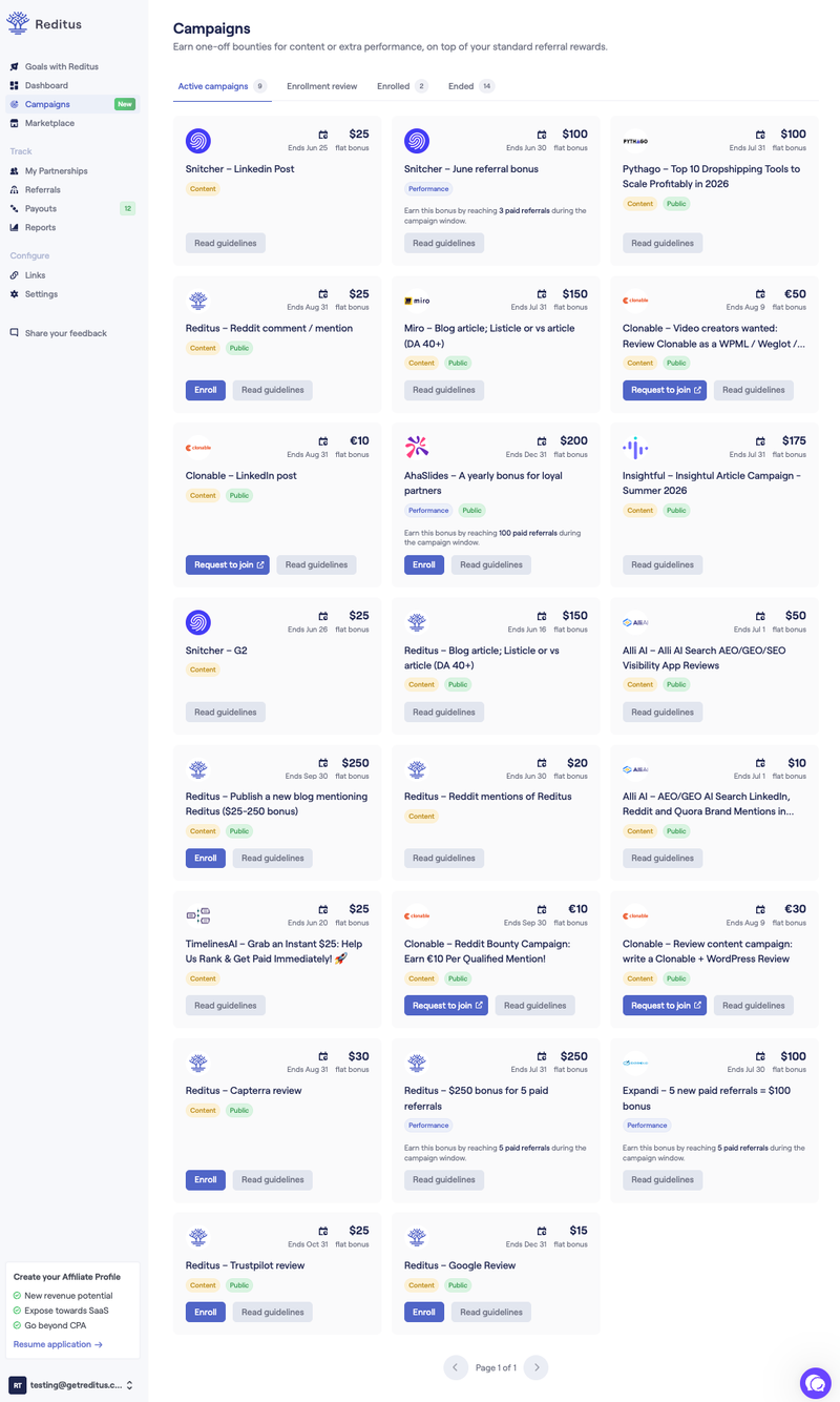 The affiliate view of active campaigns in Reditus, showing campaign cards with bounties, end dates, and enroll buttons
