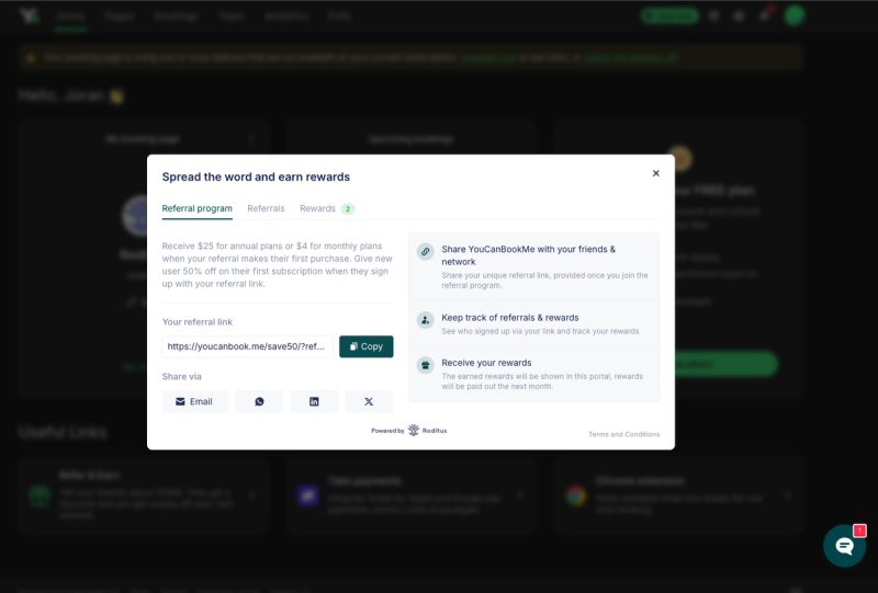 YouCanBookMe referral program rendered with the embedded Reditus widget inside their dashboard