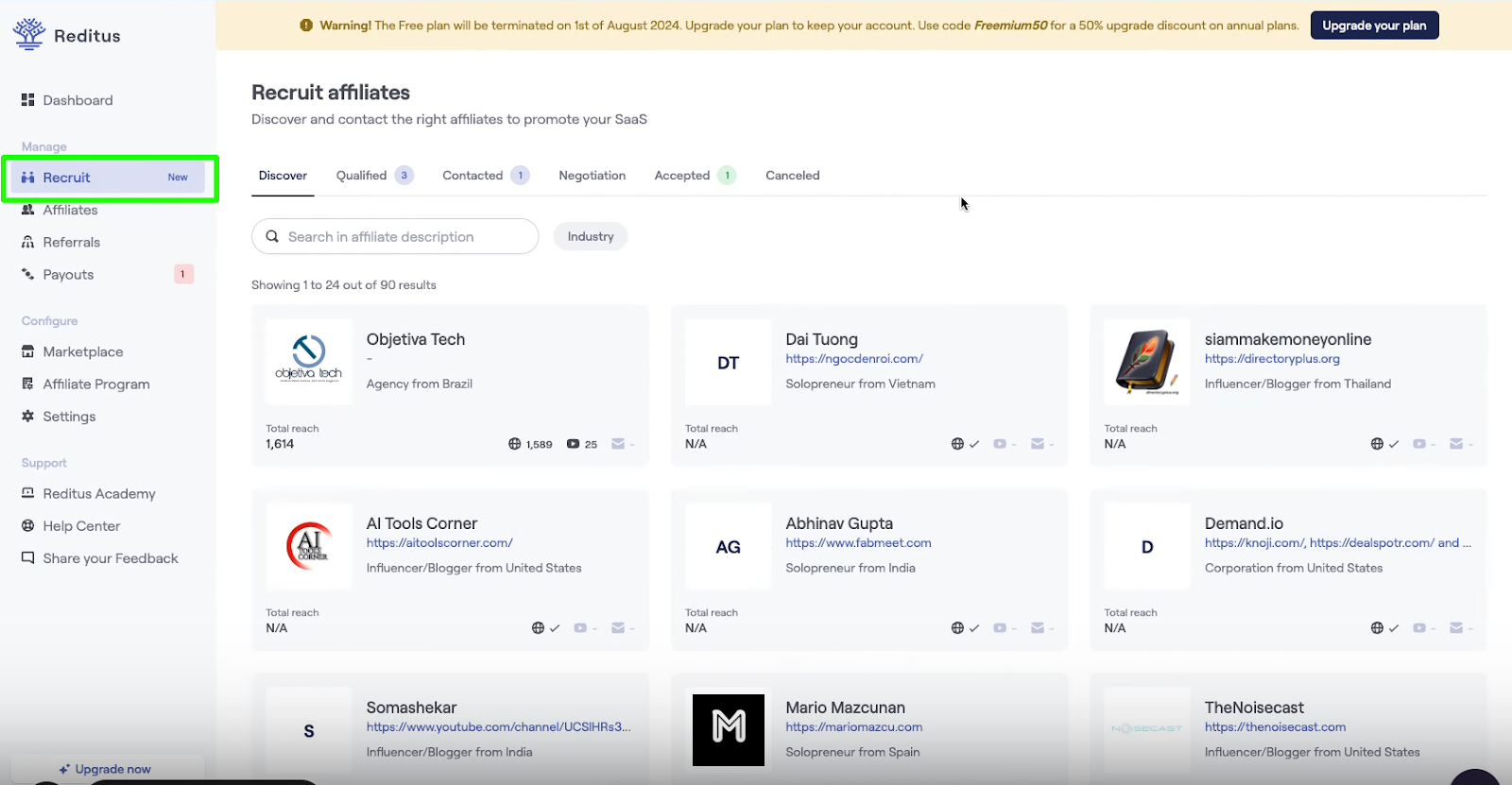 Screenshot of Reditus Recruit tool interface.