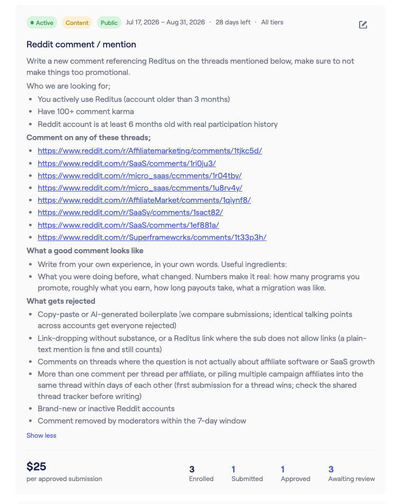 A live campaign detail view in Reditus showing guidelines, target rules, and the enrollment pipeline: enrolled, submitted, approved, and awaiting review