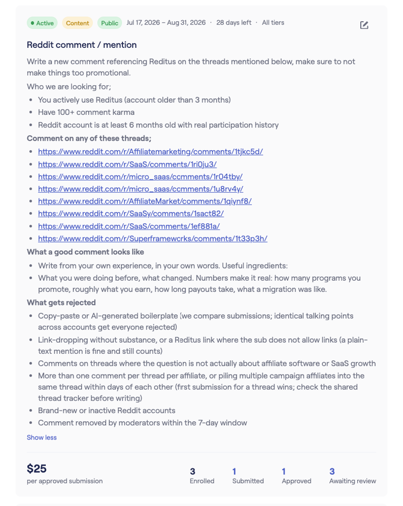 A live campaign detail view in Reditus showing guidelines, target rules, and the enrollment pipeline: enrolled, submitted, approved, and awaiting review