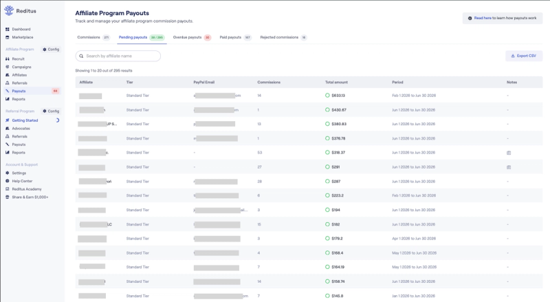Reditus payouts screen with commissions, pending, overdue, paid and rejected payout tabs