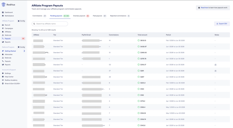 Reditus payouts screen with commissions, pending, overdue, paid and rejected payout tabs