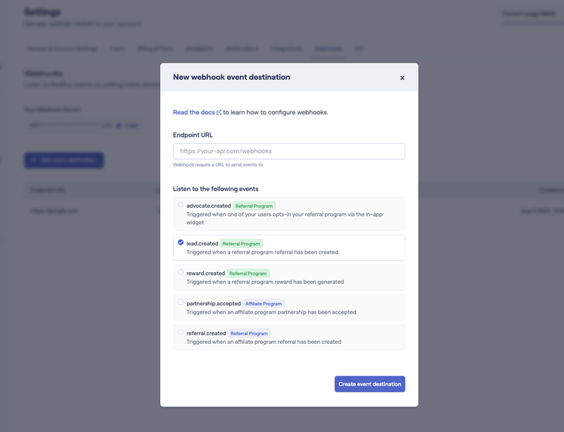 Reditus webhook configuration showing referral program events like advocate.created, lead.created and reward.created