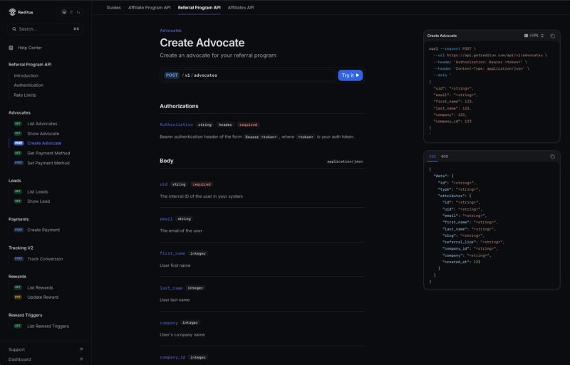 Reditus Referral Program API documentation showing the Create Advocate endpoint
