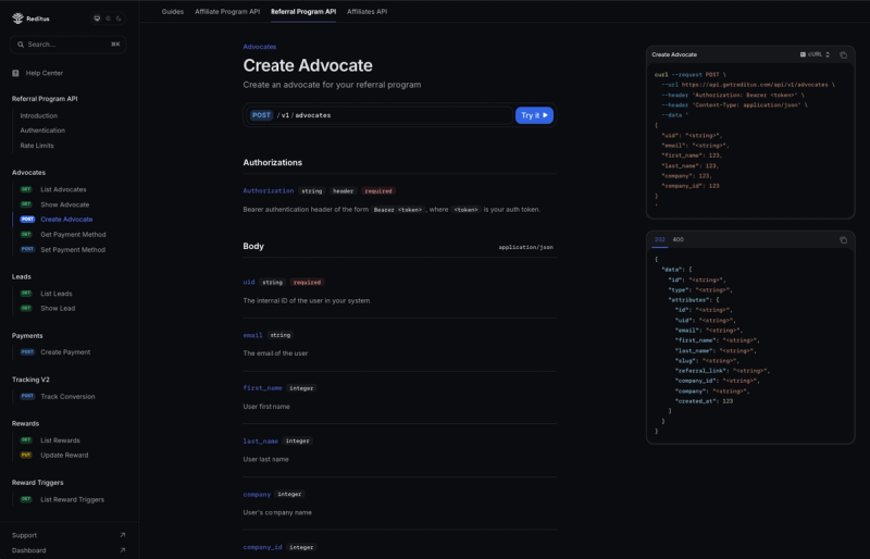 Reditus Referral Program API documentation showing the Create Advocate endpoint