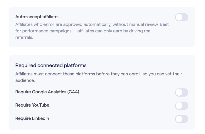 Auto-accept affiliates toggle and required connected platforms (Google Analytics, YouTube, LinkedIn) in the campaign form
