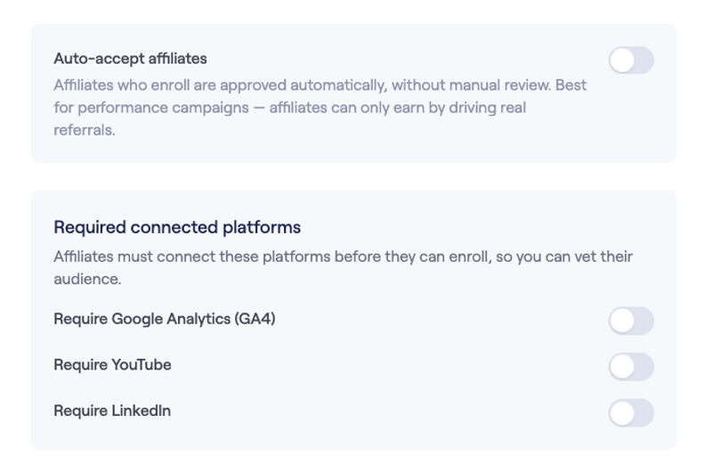Auto-accept affiliates toggle and required connected platforms (Google Analytics, YouTube, LinkedIn) in the campaign form