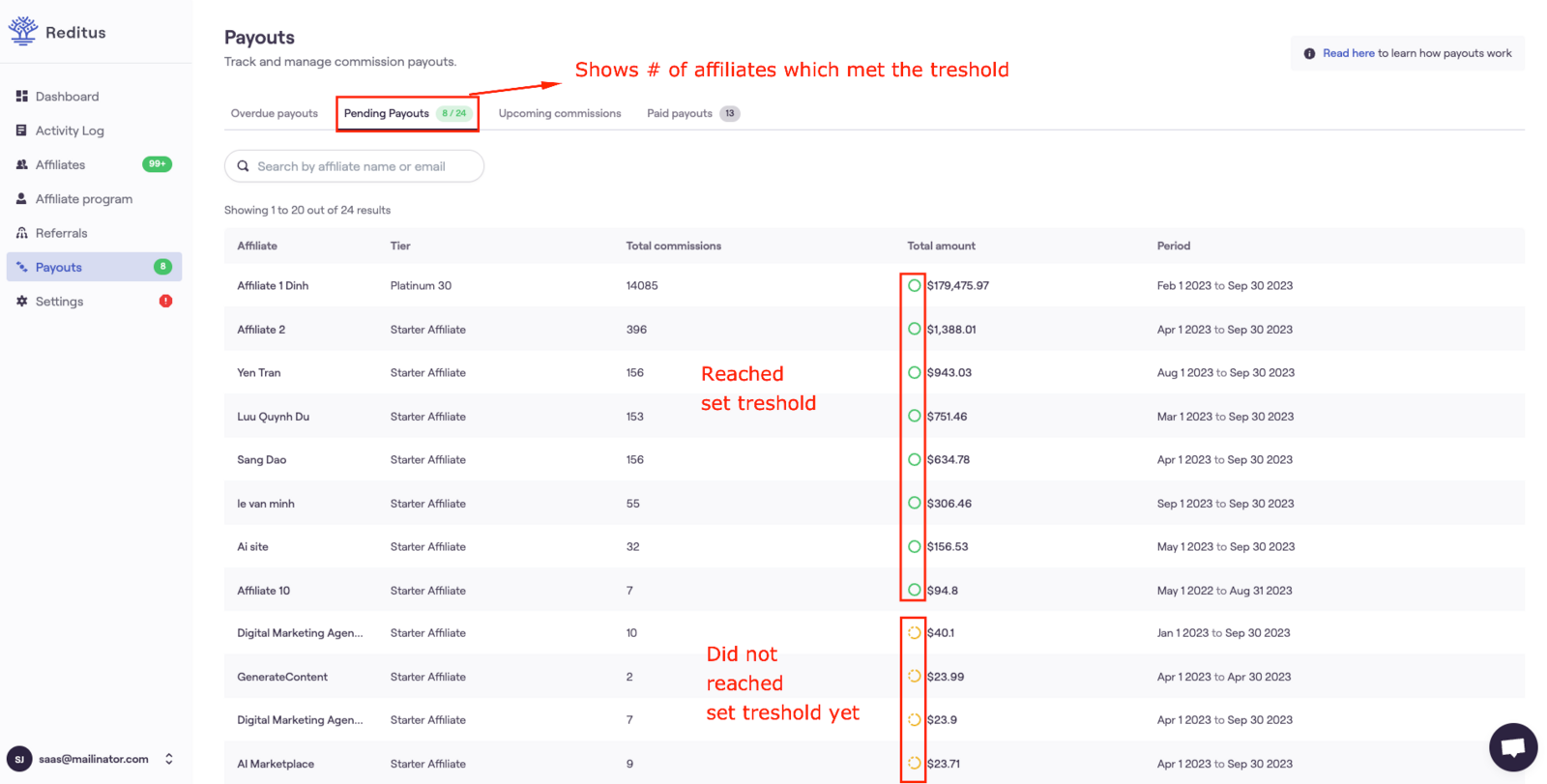 An intuitive affiliate payout interface.