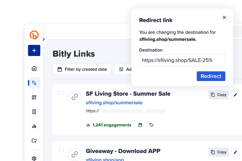 Screenshot of Bitly interface showing the destination link change feature.