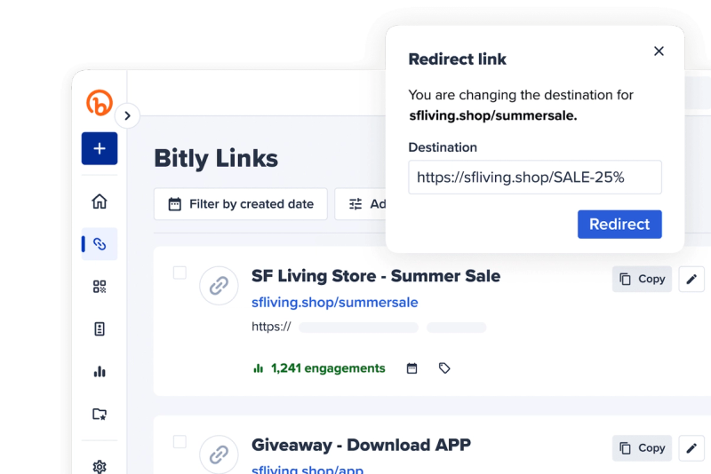 Screenshot of Bitly interface showing the destination link change feature.