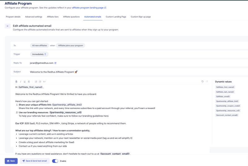 The Reditus automated email editor: recipient, trigger, reply-to, subject, body with formatting toolbar, and the dynamic values sidebar
