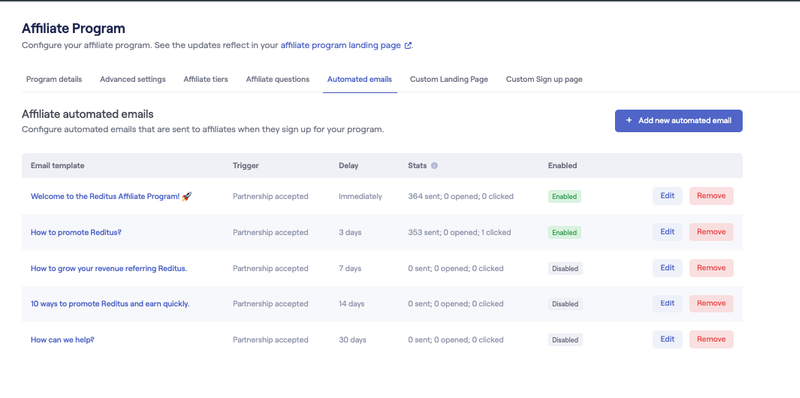 Reditus automated affiliate emails configuration with welcome and follow-up emails on a delay schedule