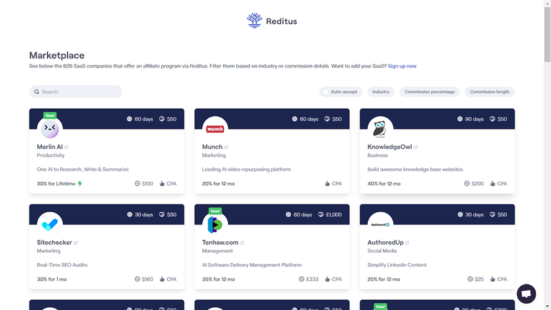 Screenshot from the Reditus Marketplace landing page.