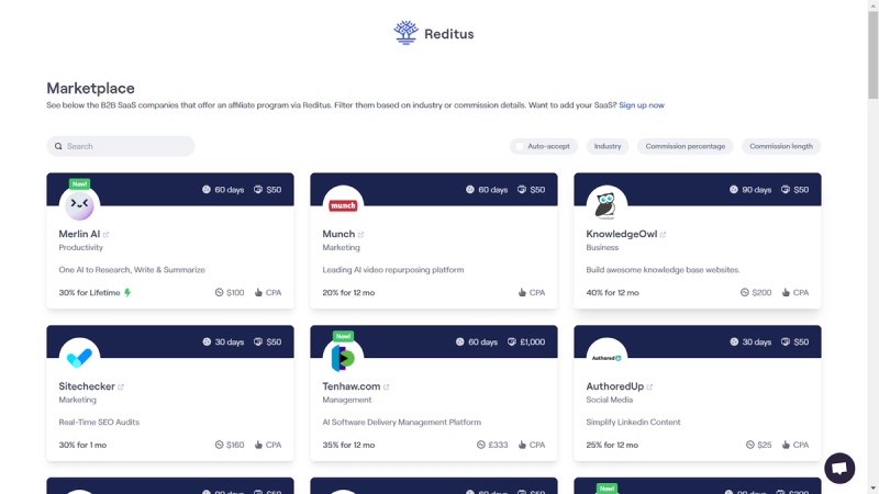 Screenshot from the Reditus Marketplace landing page.