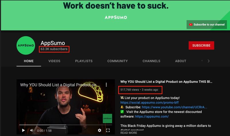 Appsumo youtube channel and number of subscribers