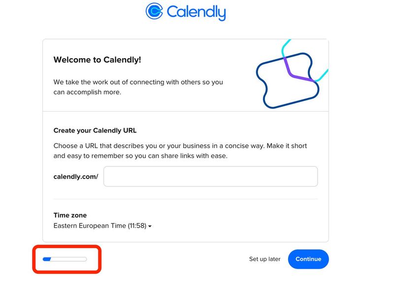 Saas onboarding example from Calendly, showing a progress bar. 