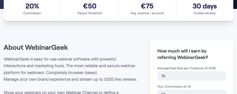 The WebinarGeek affiliate program listing on the Reditus marketplace, showing 20% commission, lifetime recurring payouts and a 30-day cookie window
