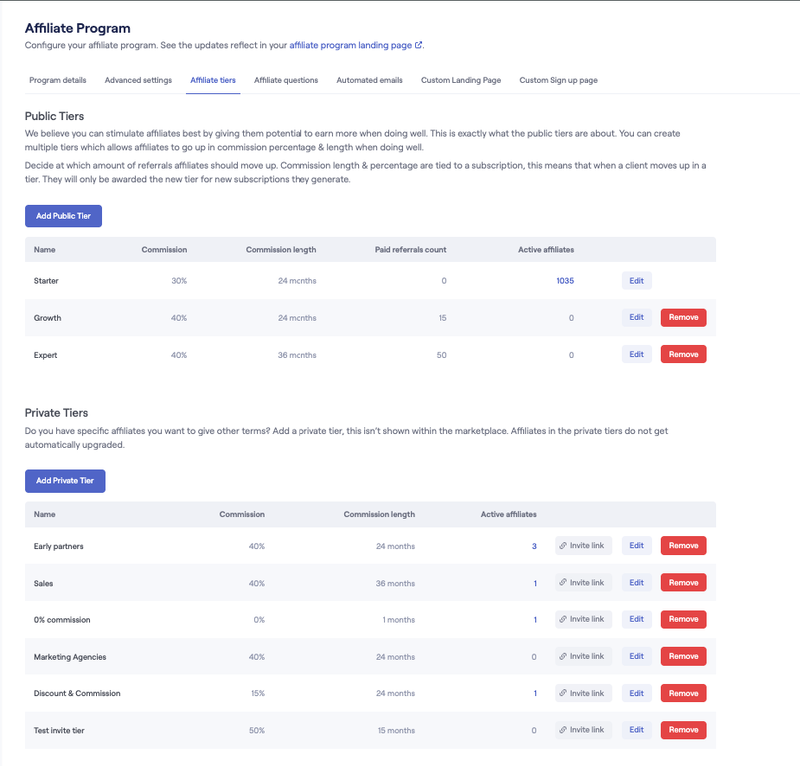 Reditus affiliate tiers setup showing public tiers with rising commission and private tiers for special deals