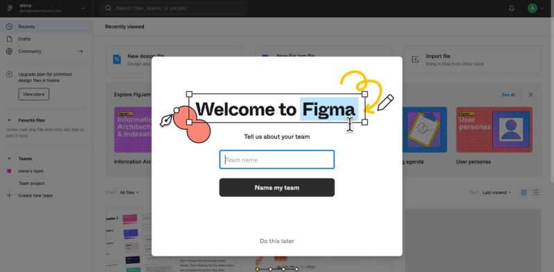 SaaS onboarding step, welcoming & creating a team. Figma screenshot