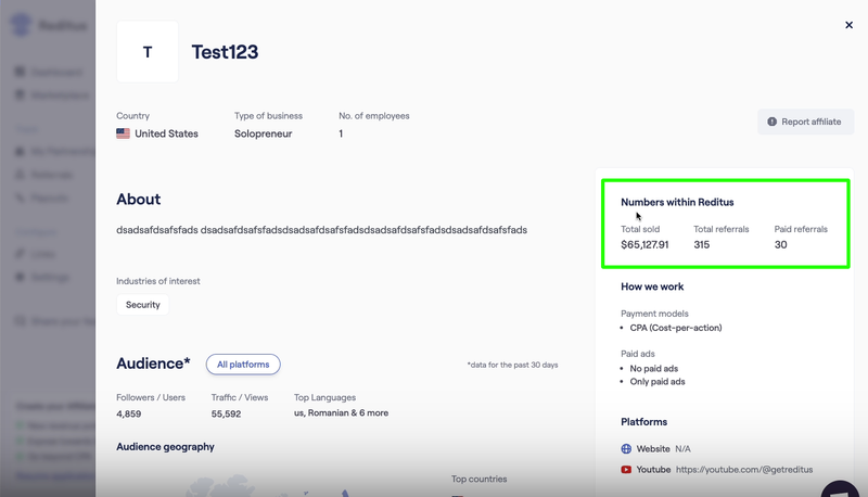 Sample screenshot of affiliate conversion data available in an affiliate profile on the Reditus network.