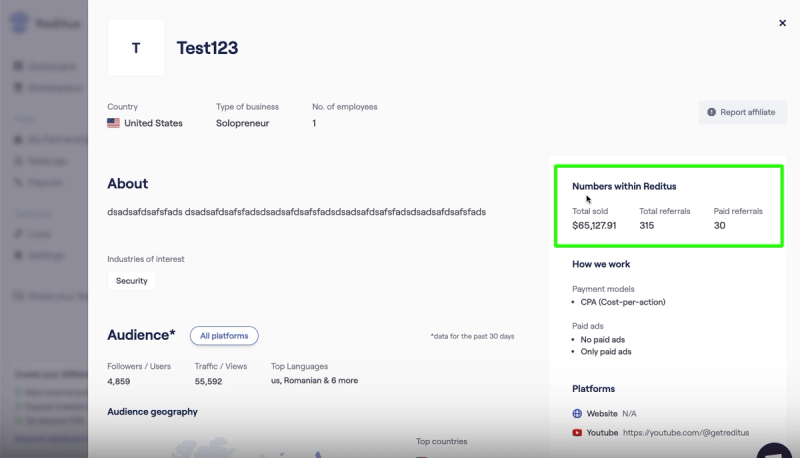 Sample screenshot of affiliate conversion data available in an affiliate profile on the Reditus network.