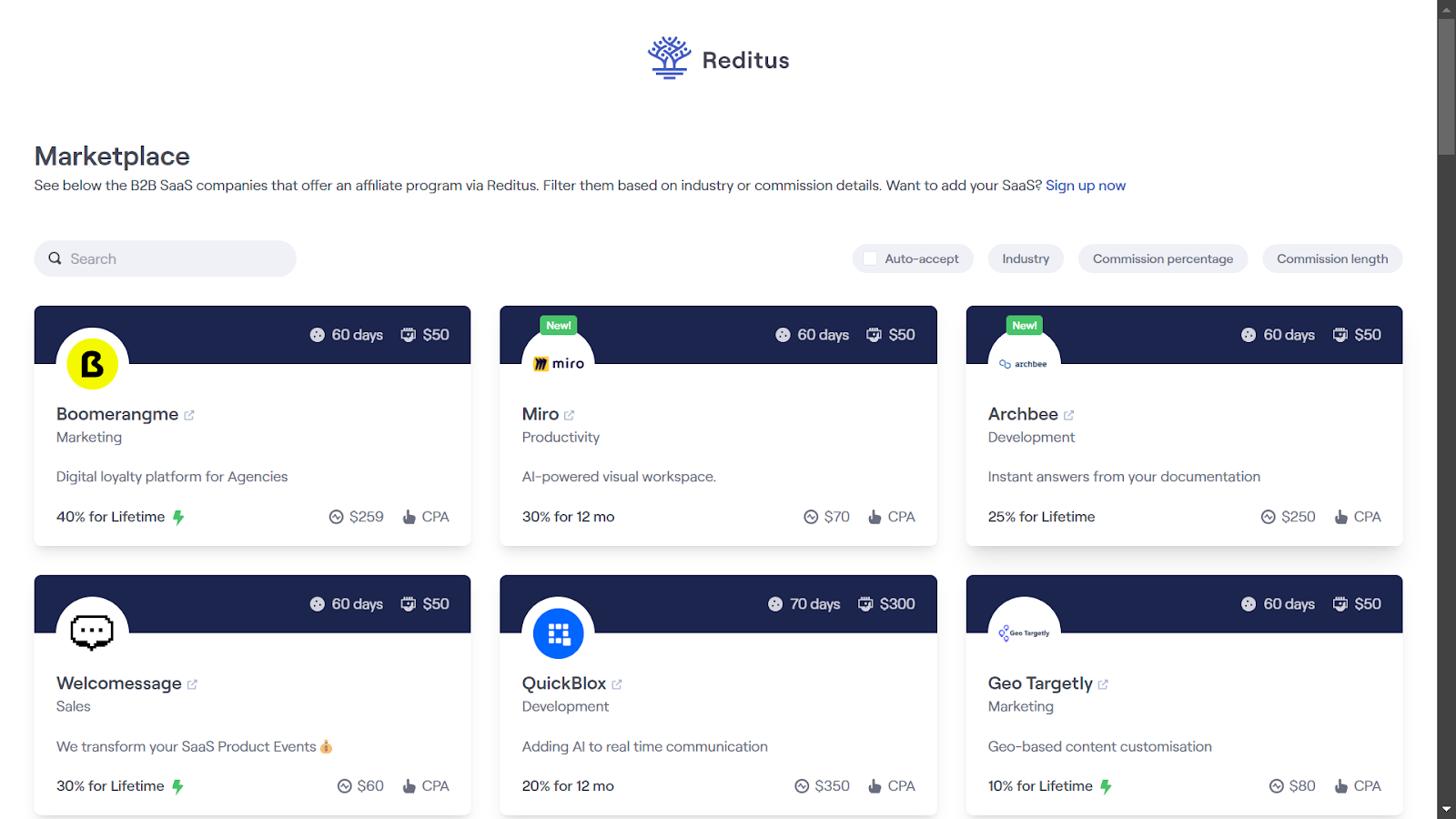 Screenshot from the Reditus Marketplace landing page.
