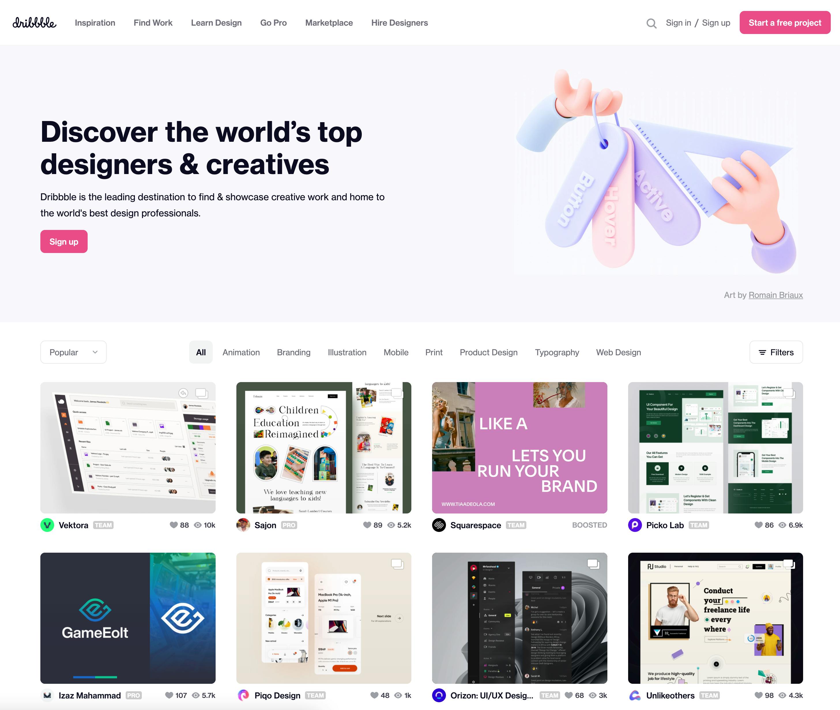 screenshot of the Dribble Homepage