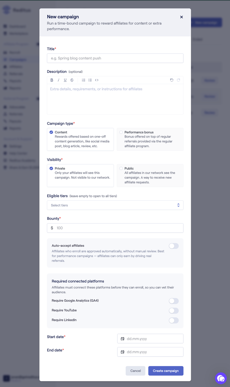 The new campaign form in Reditus: title, description, campaign type, visibility, eligible tiers, bounty, auto-accept, required connected platforms, and start and end dates