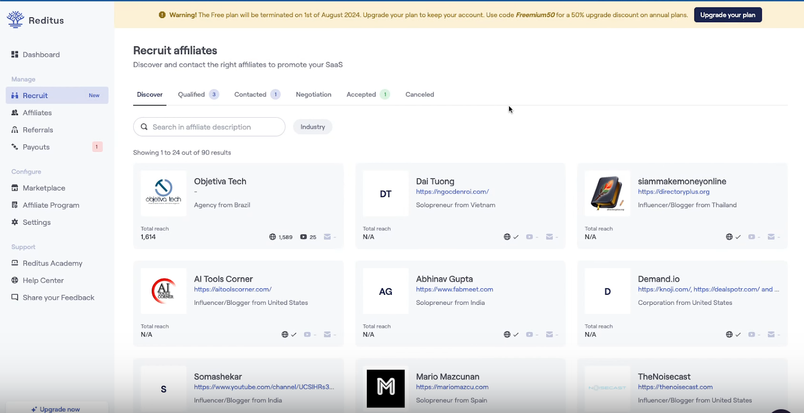 Screenshot of the Reditus Recruit tool user interface.
