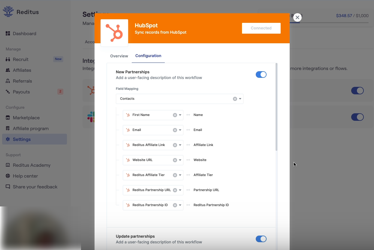 Screenshot from Reditus- HubSpot integration configuration interface.