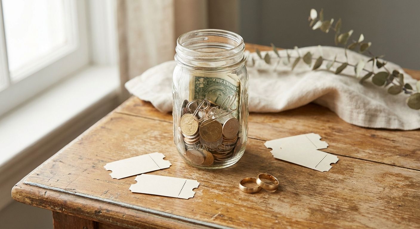 A mason jar full of cash and coins next to raffle tickets and two gold wedding rings on a wooden table